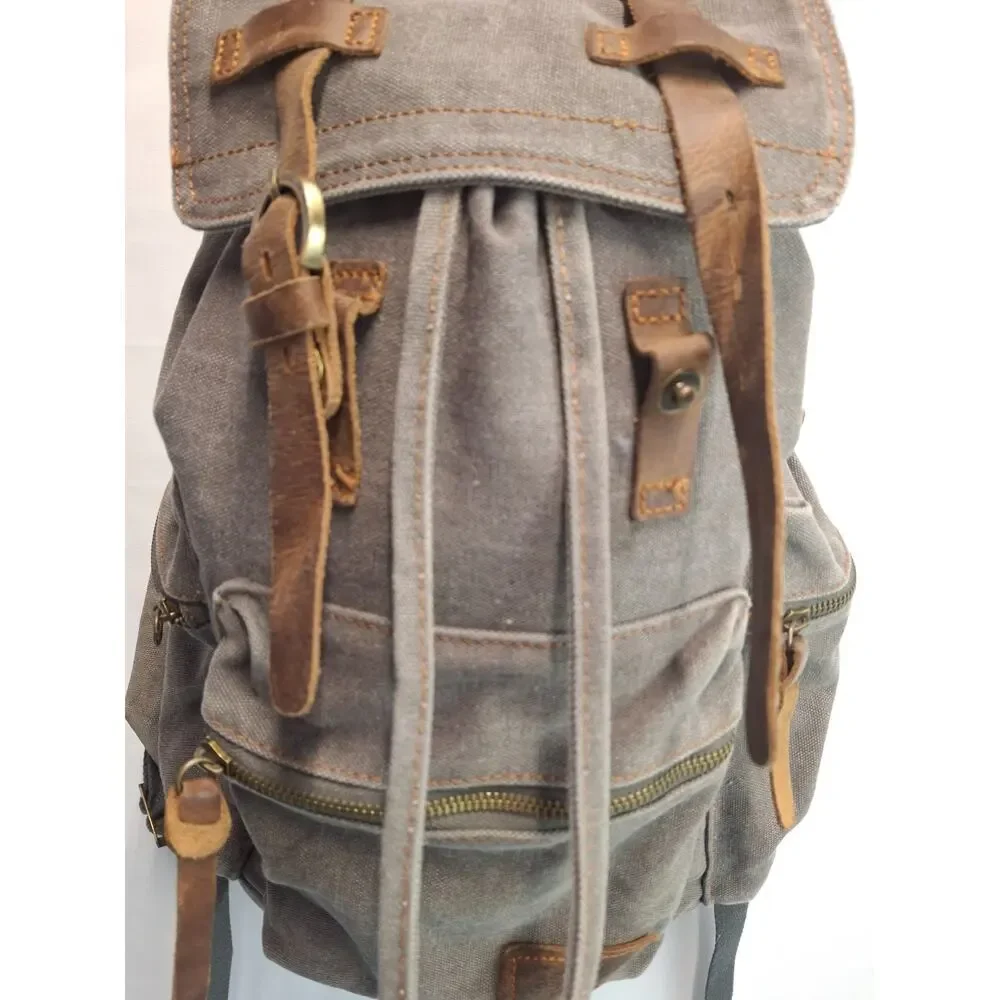 Canvas Leather Backpack Gray Brown Laptop Rucksack Fits 17” laptop